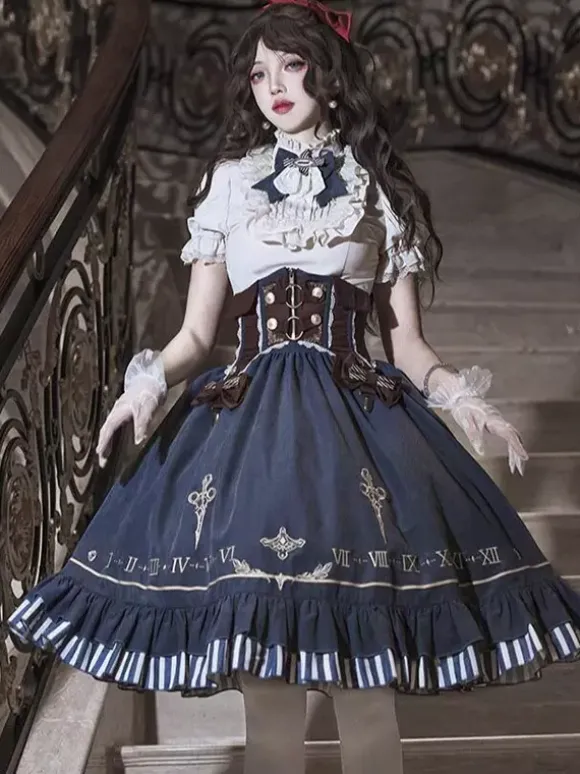 Ensemble de robes Lolita gothiques bleu marine foncé à volants et manches courtes