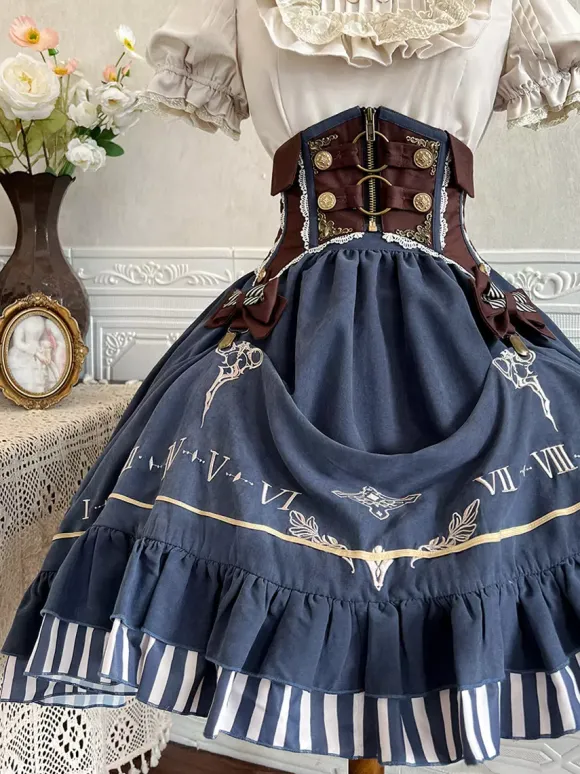 Ensemble de robes Lolita gothiques bleu marine foncé à volants et manches courtes