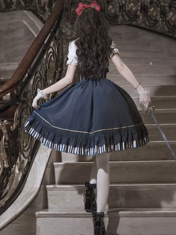 Ensemble de robes Lolita gothiques bleu marine foncé à volants et manches courtes
