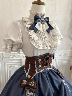 Ensemble de robes Lolita gothiques bleu marine foncé à volants et manches courtes