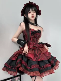 Ensemble de robes Lolita gothiques rouges sans bretelles à lacets et volants