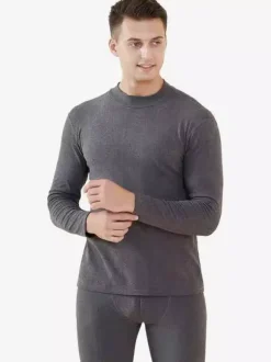 Ensemble de sous-vêtements pour homme col montant doublé polaire coupe ajustée chaud composé d'un haut et d'un bas.