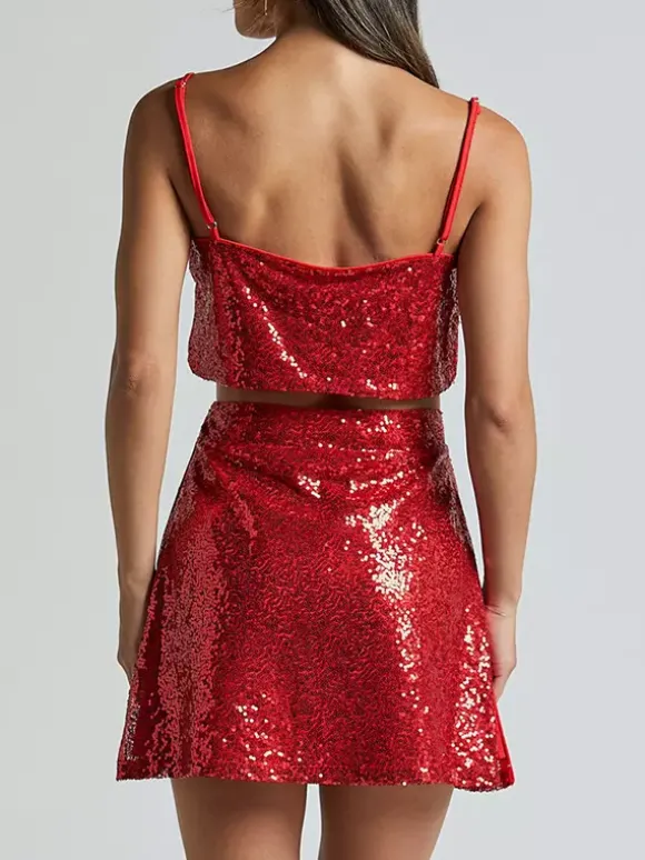 Ensemble deux pièces à paillettes haut court et mini-jupe tenue de fête d'anniversaire pour femme 2026