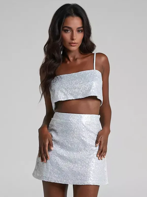 Ensemble deux pièces à paillettes haut court et mini-jupe tenue de fête d'anniversaire pour femme 2026