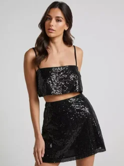 Ensemble deux pièces à paillettes haut court et mini-jupe tenue de fête d'anniversaire pour femme 2026