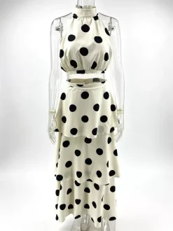 Ensemble deux pièces à pois pour femme - Haut court rétro à col halter et jupe longue à volants - Garden Party d'été 2026