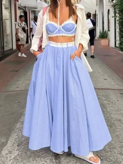 Ensemble deux pièces à rayures bleues style streetwear chic bretelles en dentelle jupe sans manches