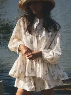 Ensemble deux pièces blanc écru imprimé chic style streetwear col rond manches bouffantes manches longues pantalon