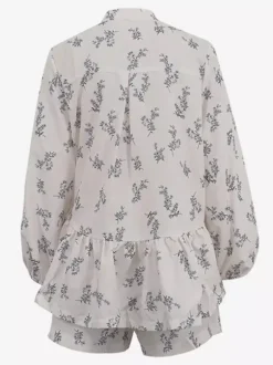Ensemble deux pièces blanc écru imprimé chic style streetwear col rond manches bouffantes manches longues pantalon