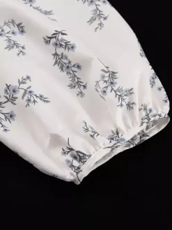 Ensemble deux pièces blanc écru imprimé chic style streetwear col rond manches bouffantes manches longues pantalon