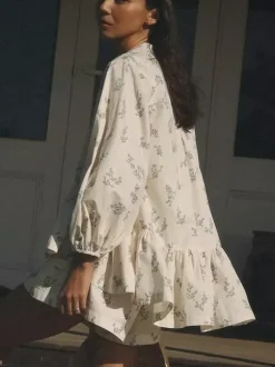 Ensemble deux pièces blanc écru imprimé chic style streetwear col rond manches bouffantes manches longues pantalon