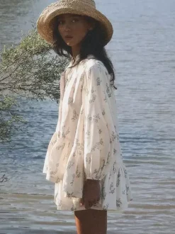 Ensemble deux pièces blanc écru imprimé chic style streetwear col rond manches bouffantes manches longues pantalon