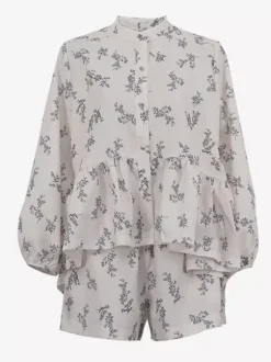 Ensemble deux pièces blanc écru imprimé chic style streetwear col rond manches bouffantes manches longues pantalon
