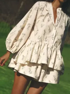 Ensemble deux pièces blanc écru imprimé chic style streetwear col rond manches bouffantes manches longues pantalon