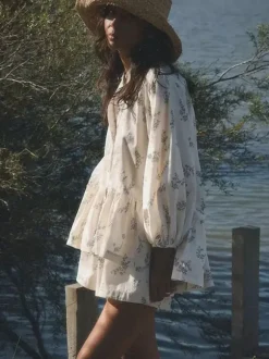 Ensemble deux pièces blanc écru imprimé chic style streetwear col rond manches bouffantes manches longues pantalon