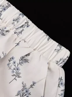 Ensemble deux pièces blanc écru imprimé chic style streetwear col rond manches bouffantes manches longues pantalon