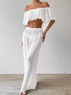 Ensemble deux pièces blanc décontracté de plage pantalon sans manches gainant à épaules dénudées