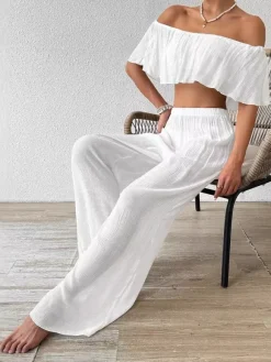 Ensemble deux pièces blanc décontracté de plage pantalon sans manches gainant à épaules dénudées