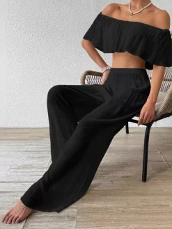 Ensemble deux pièces blanc décontracté de plage pantalon sans manches gainant à épaules dénudées