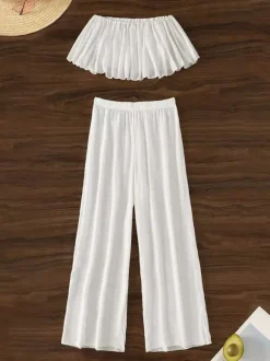 Ensemble deux pièces blanc décontracté de plage pantalon sans manches gainant à épaules dénudées