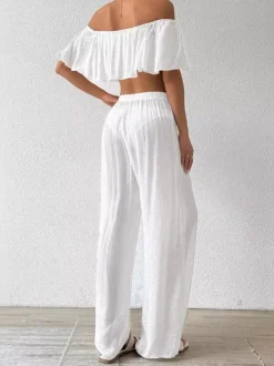 Ensemble deux pièces blanc décontracté de plage pantalon sans manches gainant à épaules dénudées