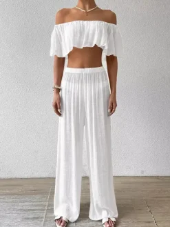 Ensemble deux pièces blanc décontracté de plage pantalon sans manches gainant à épaules dénudées