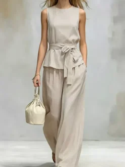 Ensemble deux pièces Chocolat Chic Street Wear ceinture en polyester à col rond sans manches et pantalon