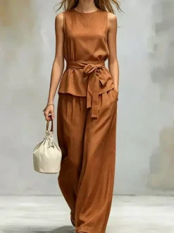 Ensemble deux pièces Chocolat Chic Street Wear ceinture en polyester à col rond sans manches et pantalon