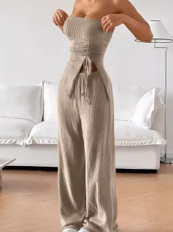 Ensemble deux pièces côtelé pour femme - Haut tube sexy kaki et pantalon large - Vacances d'été à la plage 2026