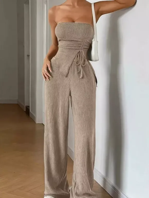 Ensemble deux pièces côtelé pour femme - Haut tube sexy kaki et pantalon large - Vacances d'été à la plage 2026