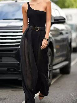 Ensemble deux pièces dos nu noir chic streetwear avec ceinture et manches longues en polyester