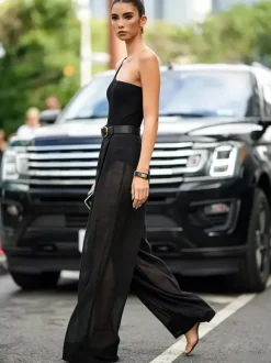 Ensemble deux pièces dos nu noir chic streetwear avec ceinture et manches longues en polyester
