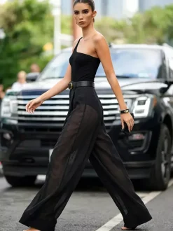 Ensemble deux pièces dos nu noir chic streetwear avec ceinture et manches longues en polyester