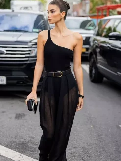 Ensemble deux pièces dos nu noir chic streetwear avec ceinture et manches longues en polyester