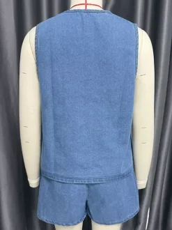 Ensemble deux pièces en denim pour femme - Haut sans manches bleu décontracté à nouer sur le devant et short assorti - Tenues streetwear d'été 2026