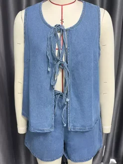 Ensemble deux pièces en denim pour femme - Haut sans manches bleu décontracté à nouer sur le devant et short assorti - Tenues streetwear d'été 2026