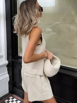 Ensemble deux pièces kaki décontracté au quotidien pantalon sans manches à col en V