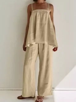Ensemble deux pièces kaki décontracté streetwear à bretelles et sans manches.