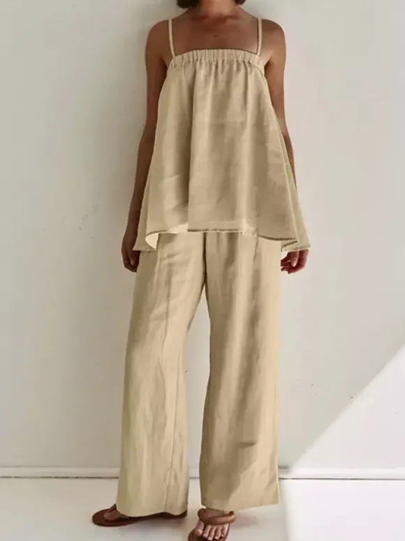 Ensemble deux pièces kaki décontracté streetwear à bretelles et sans manches.