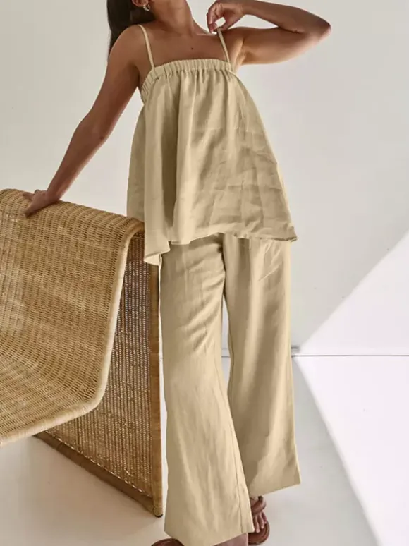 Ensemble deux pièces kaki décontracté streetwear à bretelles et sans manches.