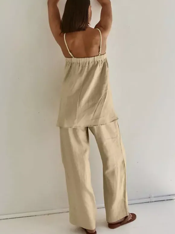Ensemble deux pièces kaki décontracté streetwear à bretelles et sans manches.