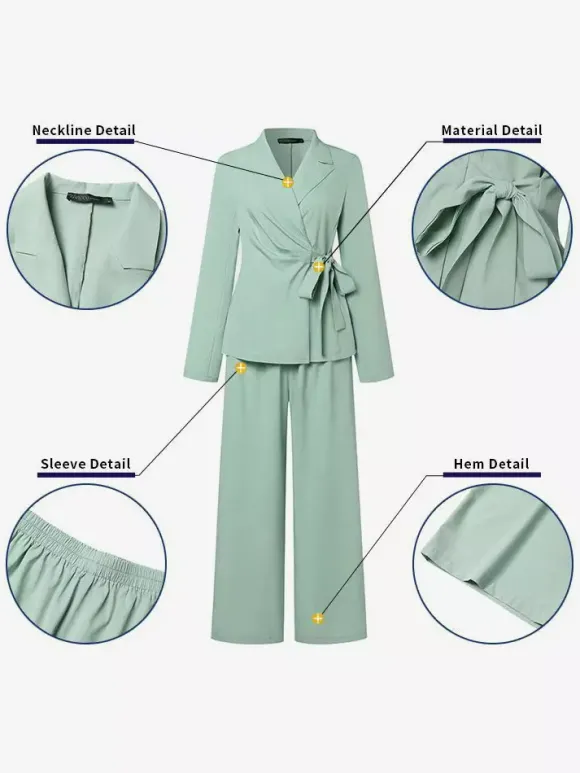 Ensemble deux pièces élégant pour femme : blazer cache-c艙ur tailleur pantalon à jambes larges et coupe ajustée idéal pour le printemps 2026.