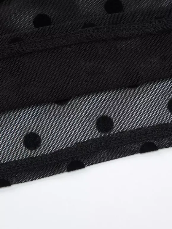 Ensemble deux pièces noir à pois sexy à bretelles et jupe sans manches transparente