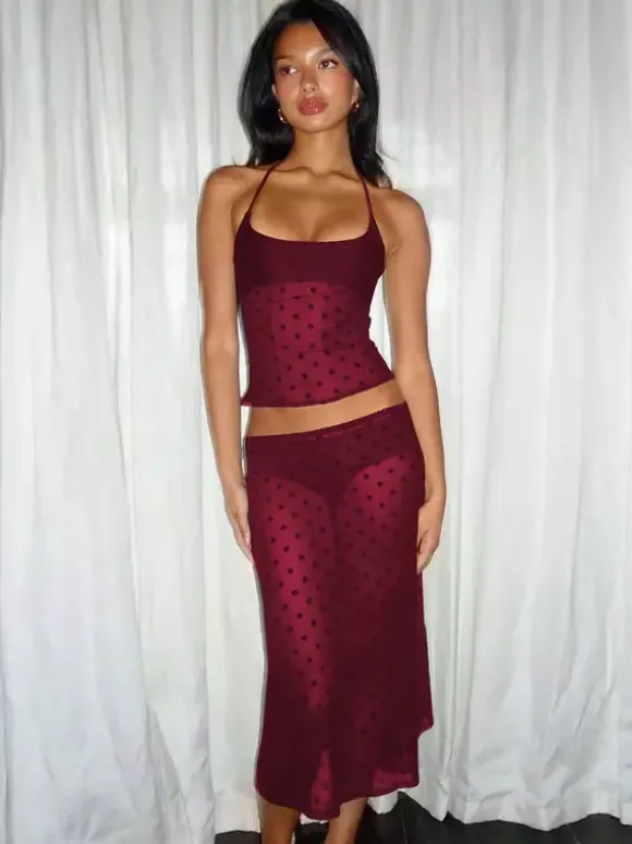 Ensemble deux pièces noir à pois sexy à bretelles et jupe sans manches transparente