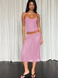Ensemble deux pièces noir à pois sexy à bretelles et jupe sans manches transparente