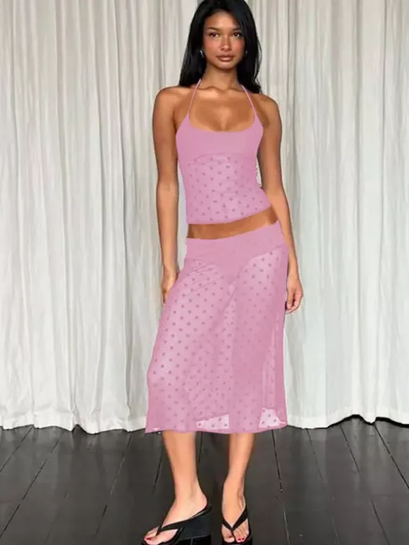 Ensemble deux pièces noir à pois sexy à bretelles et jupe sans manches transparente