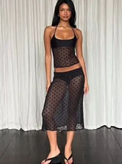 Ensemble deux pièces noir à pois sexy à bretelles et jupe sans manches transparente