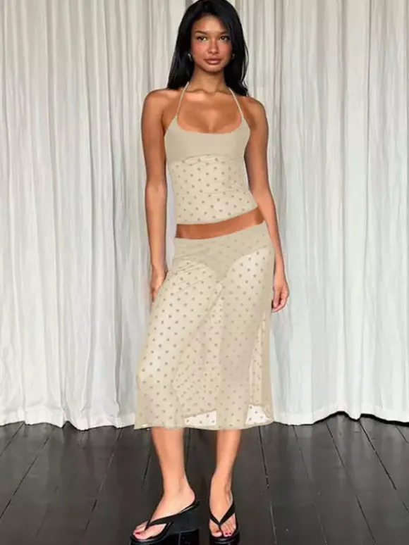 Ensemble deux pièces noir à pois sexy à bretelles et jupe sans manches transparente
