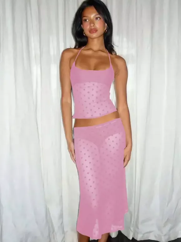 Ensemble deux pièces noir à pois sexy à bretelles et jupe sans manches transparente