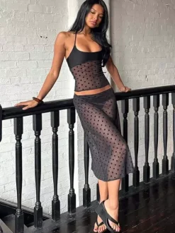Ensemble deux pièces noir à pois sexy à bretelles et jupe sans manches transparente